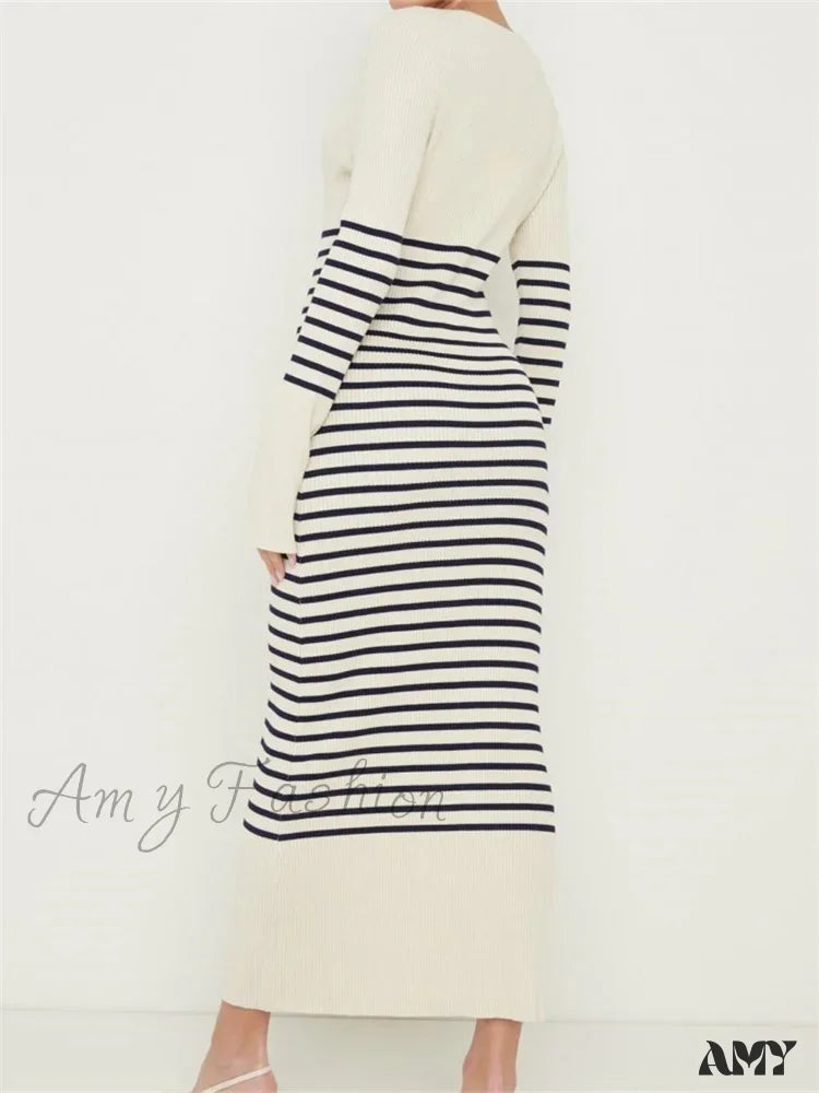 Amy Fashion - Women Knitted Sleeve Deep V Neck Striped Slim Fit Spring Autumn Female Vestidos