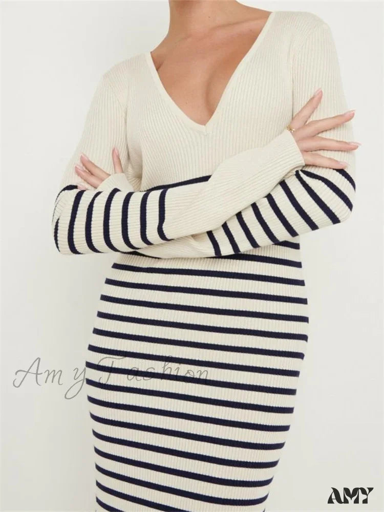 Amy Fashion - Women Knitted Sleeve Deep V Neck Striped Slim Fit Spring Autumn Female Vestidos