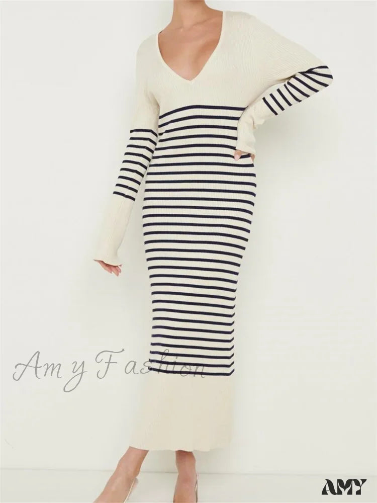 Amy Fashion - Women Knitted Sleeve Deep V Neck Striped Slim Fit Spring Autumn Female Vestidos