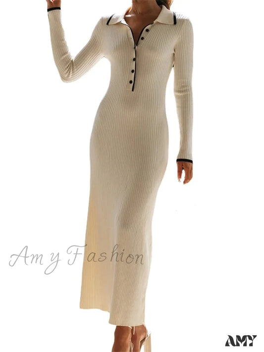 Amy Fashion - Women Knitted Sleeve Turn-Down Neck Buttons Up Ribbed Party Slim Fit Fall Female