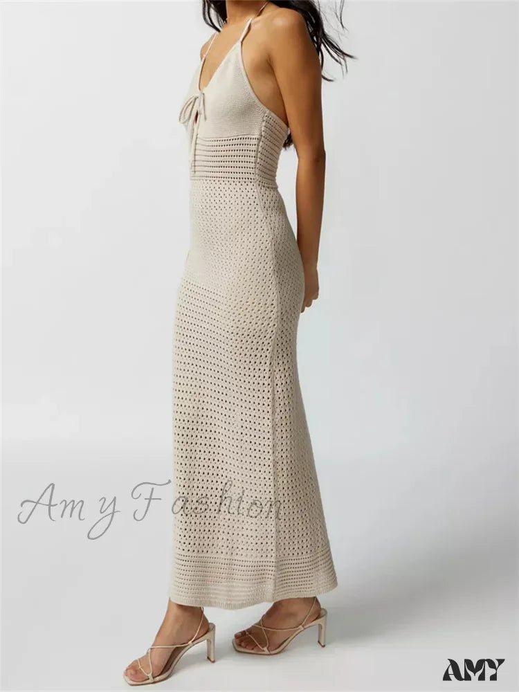 Amy Fashion - Women Knitted Sleeveless Halter Tie-Up Backless Hollow Out Summer Off Shoulder Beach