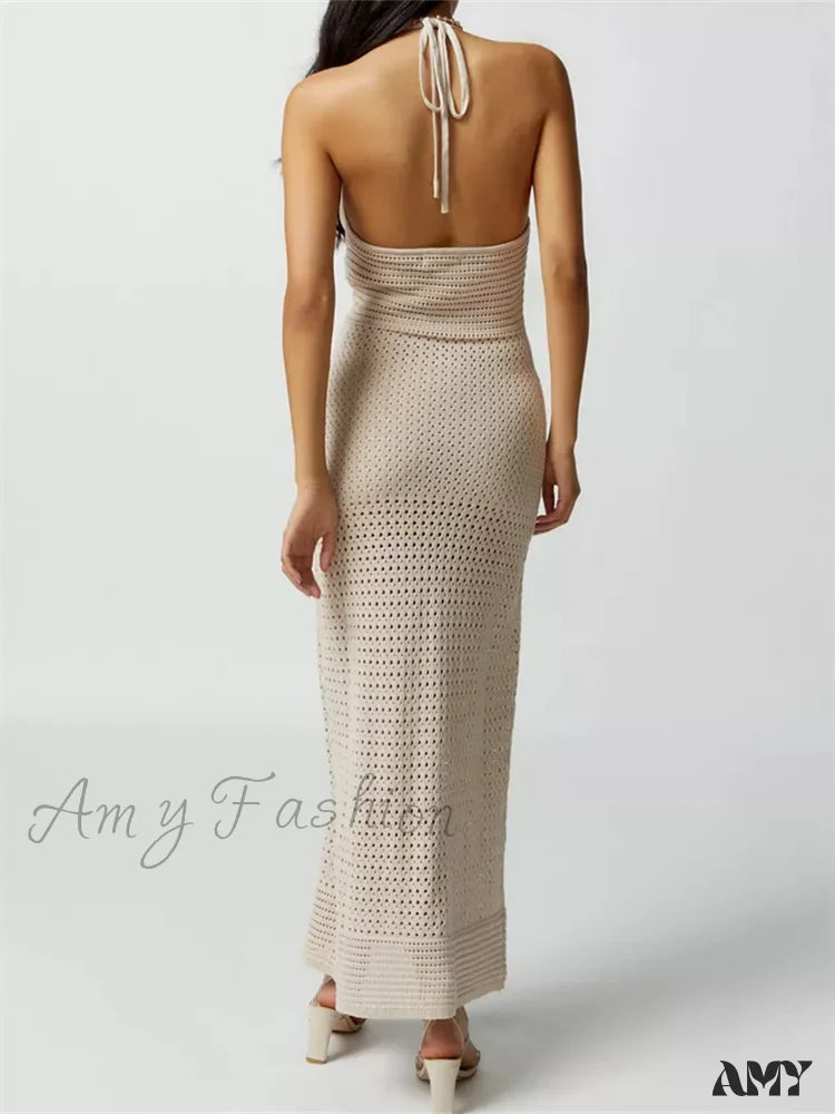 Amy Fashion - Women Knitted Sleeveless Halter Tie-Up Backless Hollow Out Summer Off Shoulder Beach