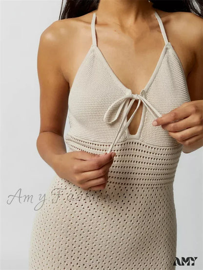 Amy Fashion - Women Knitted Sleeveless Halter Tie-Up Backless Hollow Out Summer Off Shoulder Beach