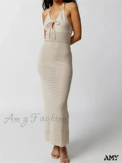 Amy Fashion - Women Knitted Sleeveless Halter Tie-Up Backless Hollow Out Summer Off Shoulder Beach