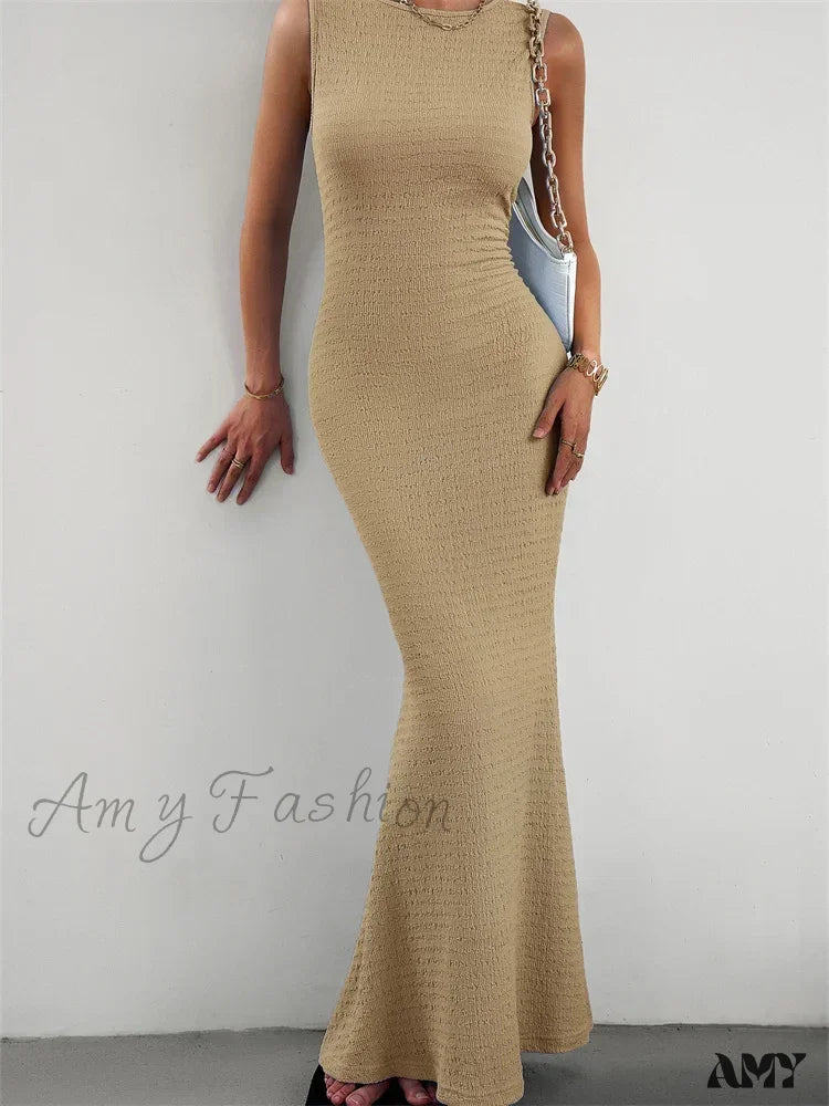 Amy Fashion - Women Knitted Sleeveless Round Neck Solid Color Slim Fit Ruched Tank Cocktail Party