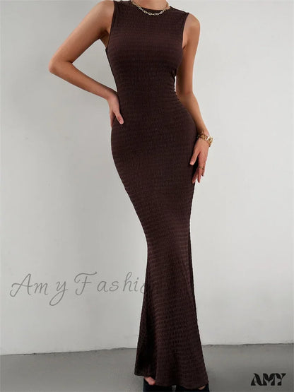 Amy Fashion - Women Knitted Sleeveless Round Neck Solid Color Slim Fit Ruched Tank Cocktail Party