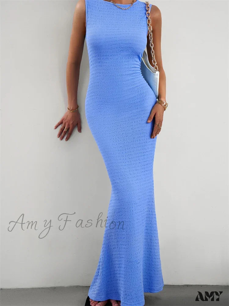 Amy Fashion - Women Knitted Sleeveless Round Neck Solid Color Slim Fit Ruched Tank Cocktail Party