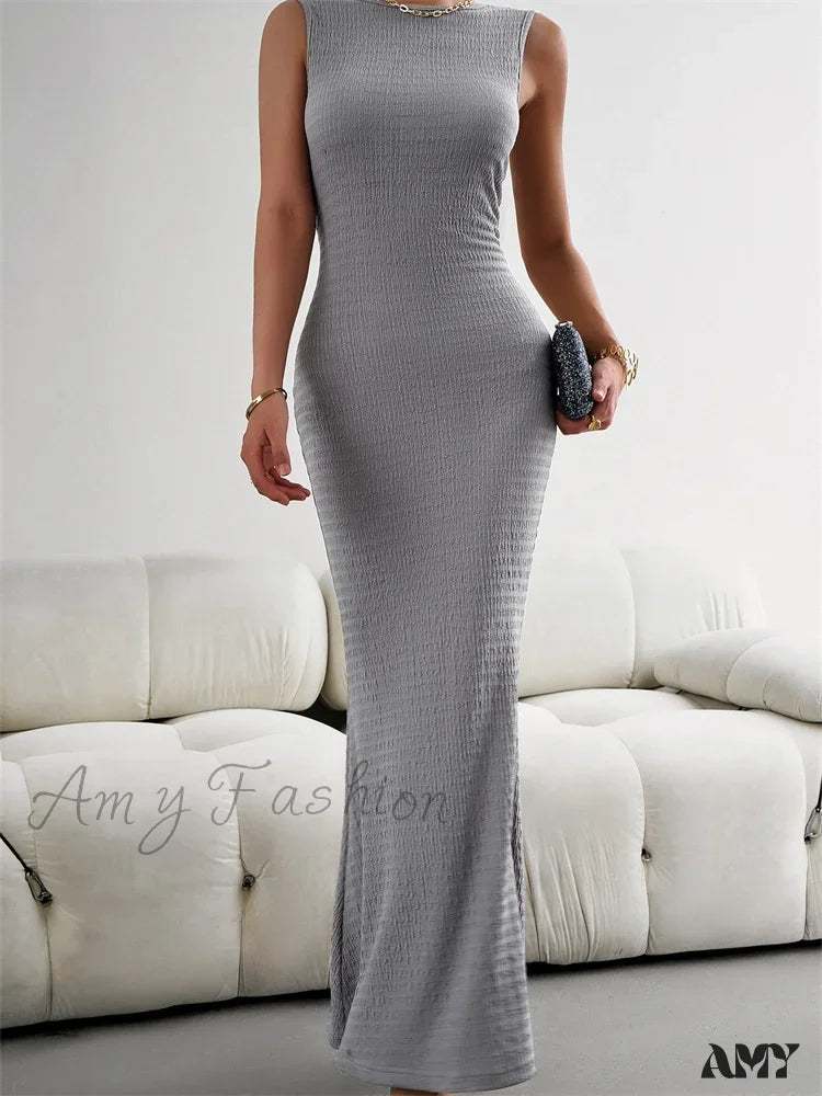 Amy Fashion - Women Knitted Sleeveless Round Neck Solid Color Slim Fit Ruched Tank Cocktail Party