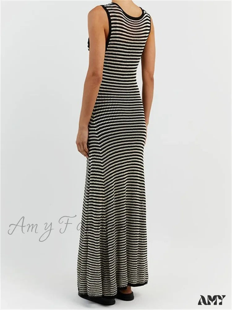 Amy Fashion - Women Knitted Sleeveless Round Neck Striped Slim Summer Club Party Female Vestidos