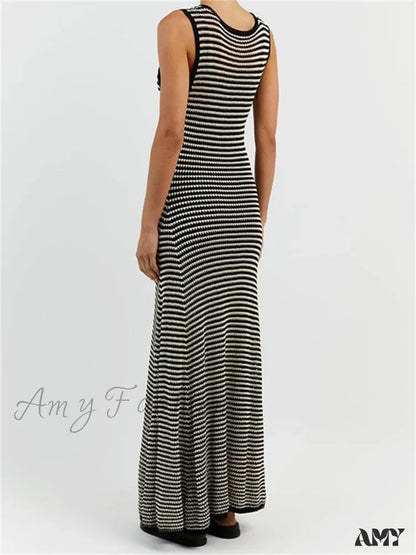 Amy Fashion - Women Knitted Sleeveless Round Neck Striped Slim Summer Club Party Female Vestidos