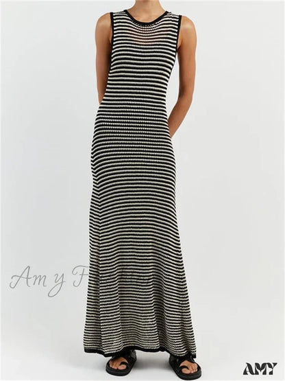 Amy Fashion - Women Knitted Sleeveless Round Neck Striped Slim Summer Club Party Female Vestidos