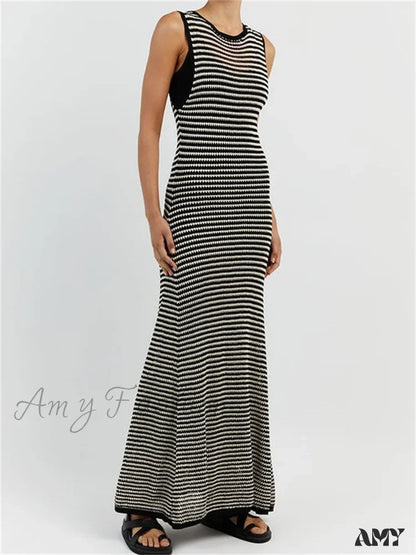 Amy Fashion - Women Knitted Sleeveless Round Neck Striped Slim Summer Club Party Female Vestidos