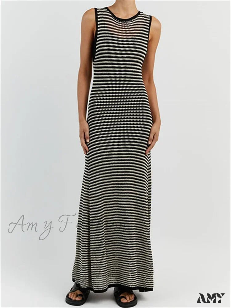 Amy Fashion - Women Knitted Sleeveless Round Neck Striped Slim Summer Club Party Female Vestidos