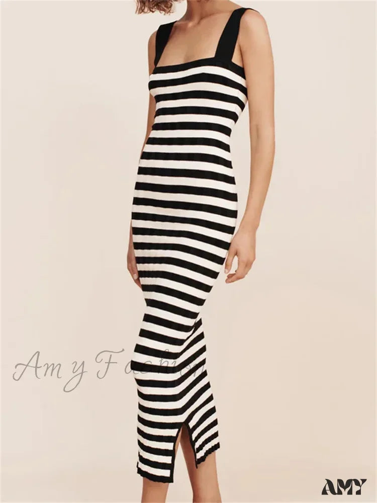 Amy Fashion - Women Knitted Sleeveless Square Neck Striped Print Beach Tank Side Split Summer