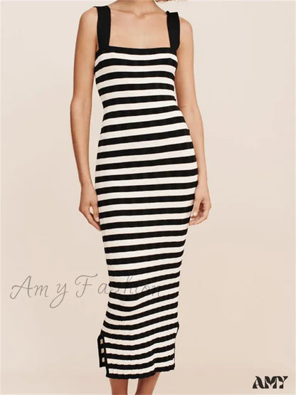 Amy Fashion - Women Knitted Sleeveless Square Neck Striped Print Beach Tank Side Split Summer