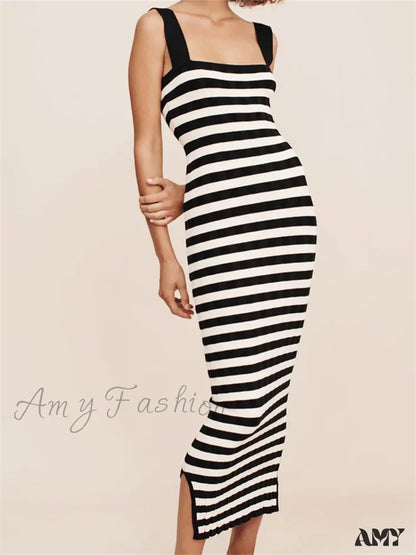 Amy Fashion - Women Knitted Sleeveless Square Neck Striped Print Beach Tank Side Split Summer