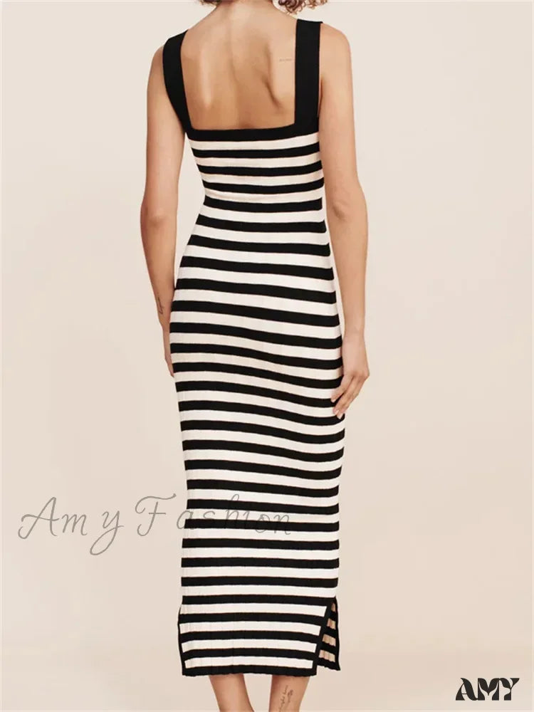 Amy Fashion - Women Knitted Sleeveless Square Neck Striped Print Beach Tank Side Split Summer