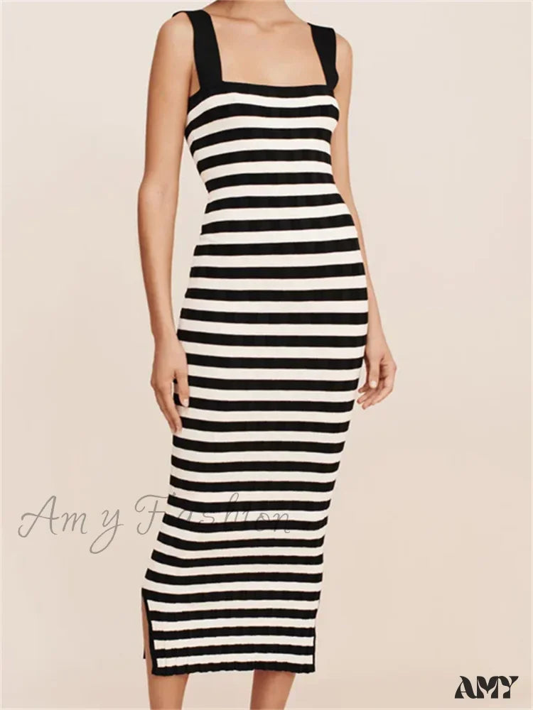 Amy Fashion - Women Knitted Sleeveless Square Neck Striped Print Beach Tank Side Split Summer