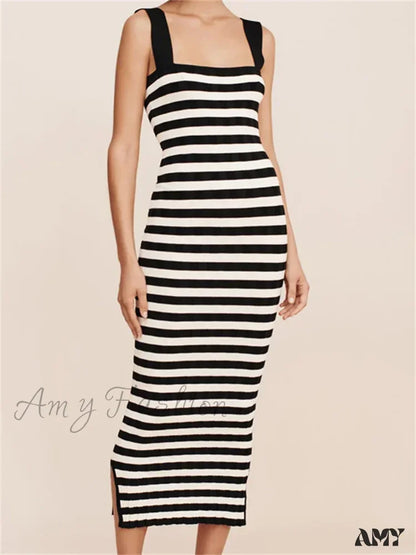 Amy Fashion - Women Knitted Sleeveless Square Neck Striped Print Beach Tank Side Split Summer