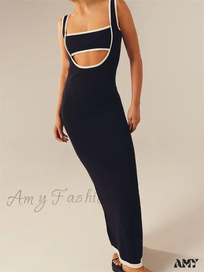 Amy Fashion - Women Knitted Tank Summer Contrast Color Hollow Out Backless Party Cocktail Beach