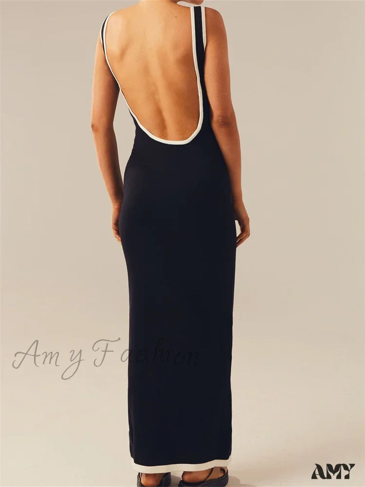 Amy Fashion - Women Knitted Tank Summer Contrast Color Hollow Out Backless Party Cocktail Beach