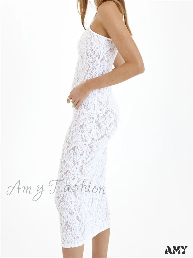 Amy Fashion - Women Lace Floral See Through Mid Elegant Sleeveless Criss-Cross Off Shoulder Party