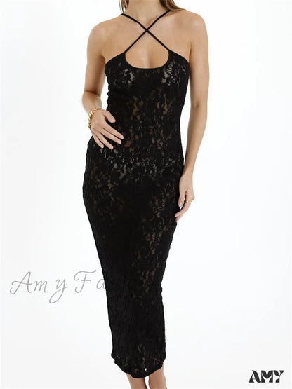 Amy Fashion - Women Lace Floral See Through Mid Elegant Sleeveless Criss-Cross Off Shoulder Party