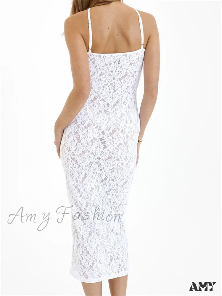 Amy Fashion - Women Lace Floral See Through Mid Elegant Sleeveless Criss-Cross Off Shoulder Party