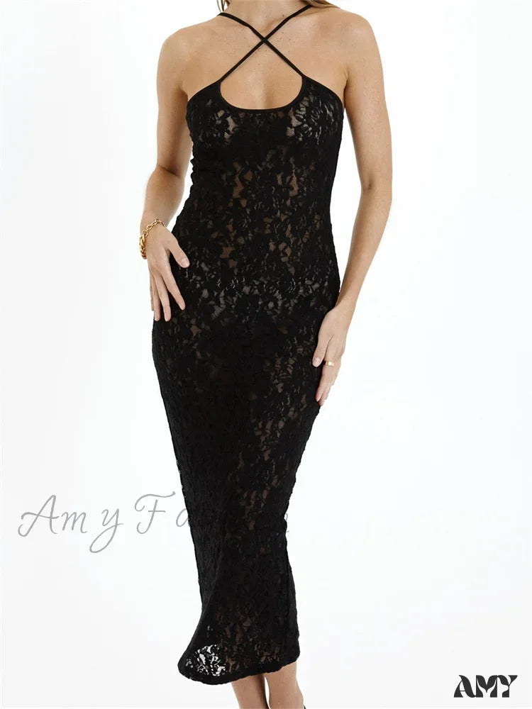 Amy Fashion - Women Lace Floral See Through Mid Elegant Sleeveless Criss-Cross Off Shoulder Party