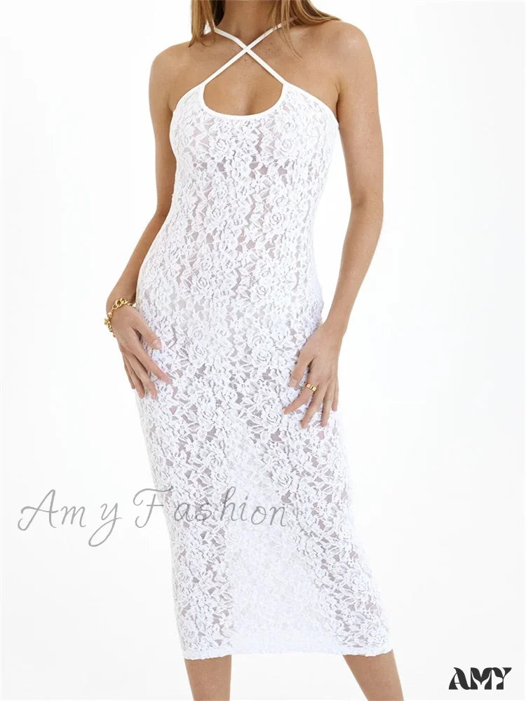 Amy Fashion - Women Lace Floral See Through Mid Elegant Sleeveless Criss-Cross Off Shoulder Party