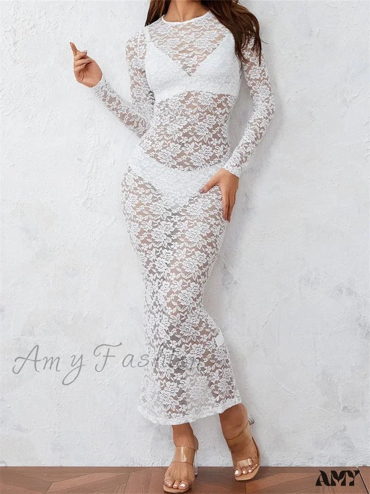 Amy Fashion - Women Lace Floral See Through Vintage Sleeve Round Neck Solid Back Split Party Female