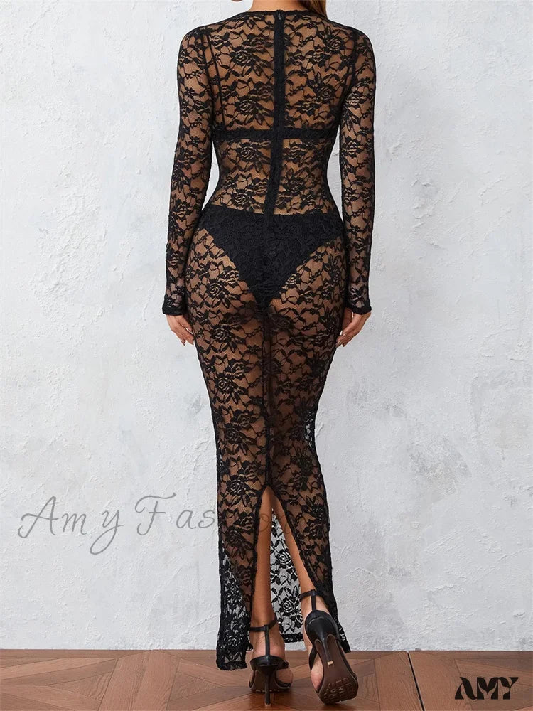 Amy Fashion - Women Lace Floral See Through Vintage Sleeve Round Neck Solid Back Split Party Female