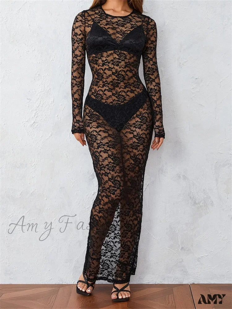 Amy Fashion - Women Lace Floral See Through Vintage Sleeve Round Neck Solid Back Split Party Female