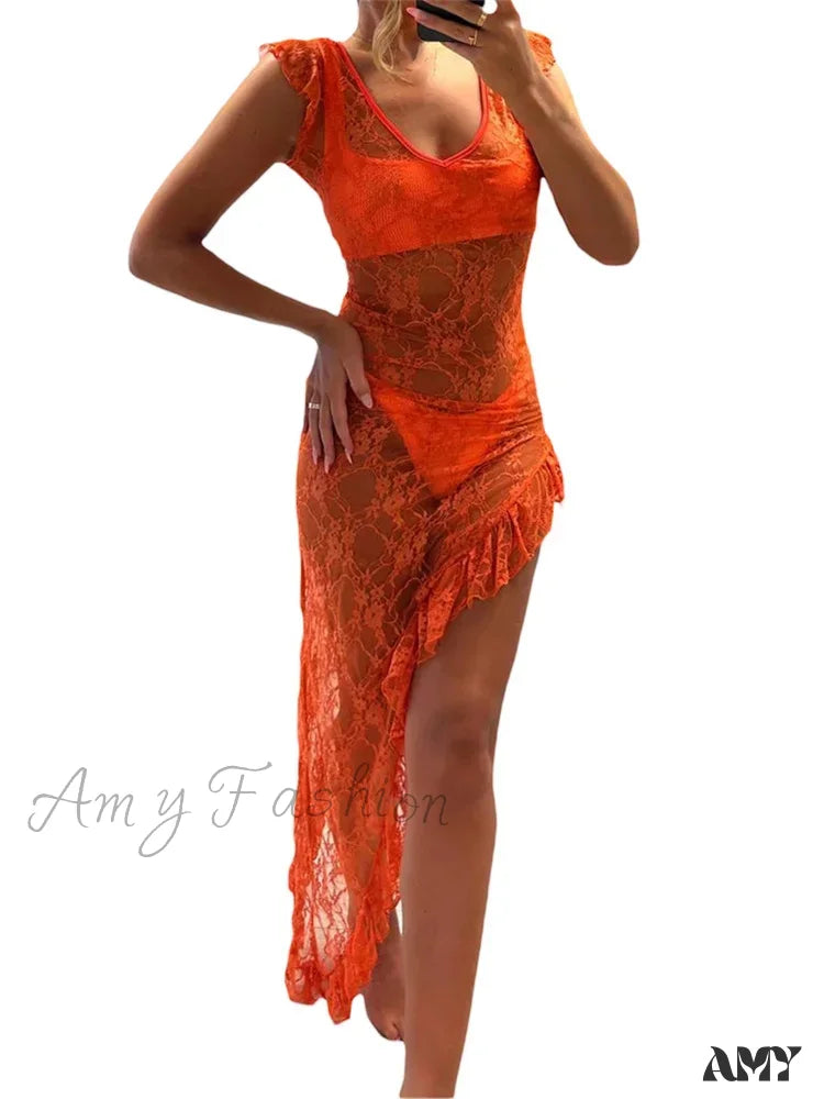 Amy Fashion - Women Lace Floral Sleeveless Deep V-Neck See-Through Asymmetrical Mesh See Through