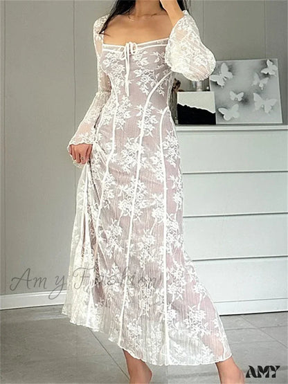 Amy Fashion - Women Lace Flower Flare Sleeve Square Neck Tie-Up Spring Fall Solid Party Female