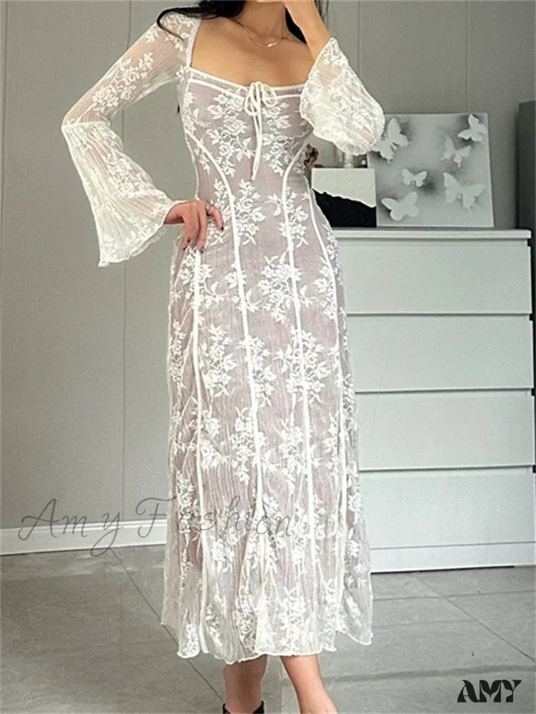 Amy Fashion - Women Lace Flower Flare Sleeve Square Neck Tie-Up Spring Fall Solid Party Female