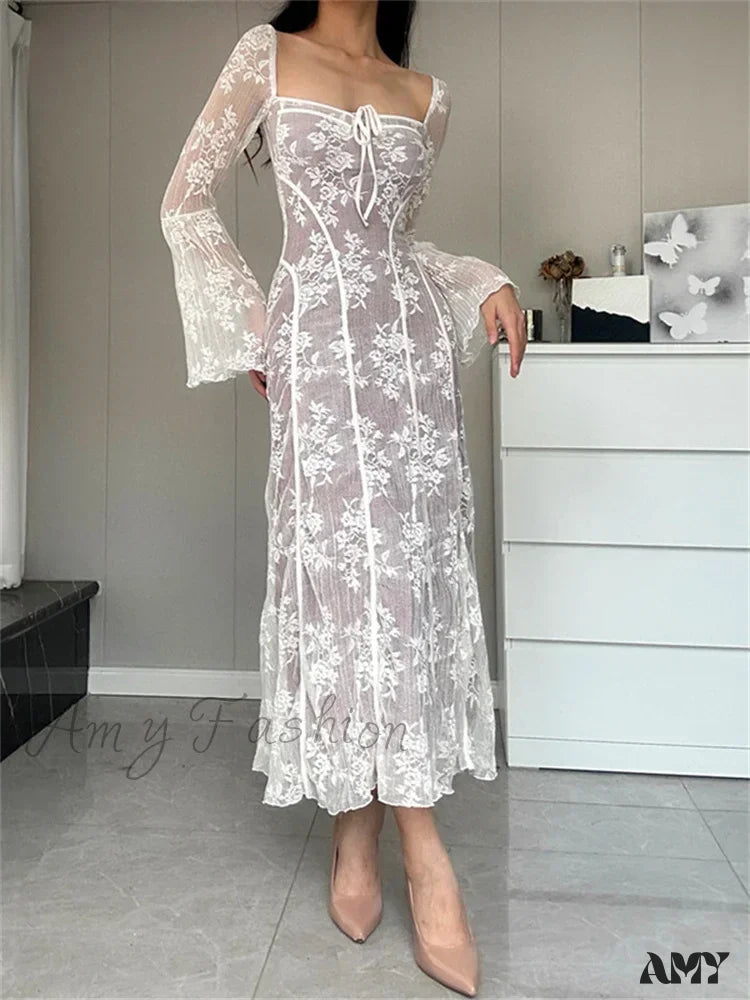 Amy Fashion - Women Lace Flower Flare Sleeve Square Neck Tie-Up Spring Fall Solid Party Female