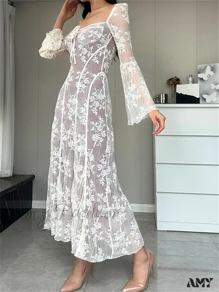 Amy Fashion - Women Lace Flower Flare Sleeve Square Neck Tie-Up Spring Fall Solid Party Female