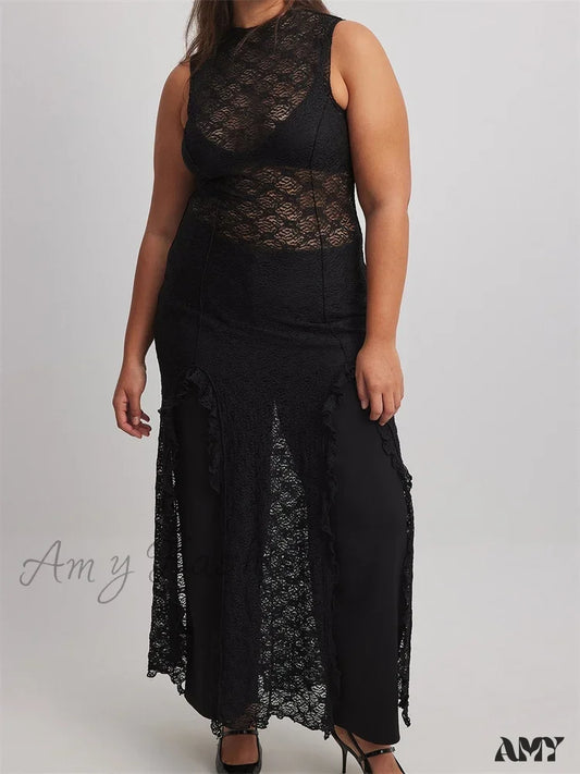 Amy Fashion - Women Lace See Through Vintage Sleeveless Round Neck Solid Ruffles High Split Female