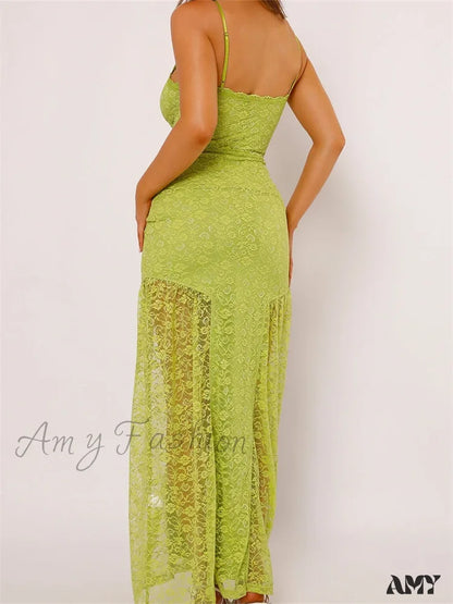 Amy Fashion - Women Lace V-Neck Low Cut Sleeveless Spaghetti Strap Solid Color Bodycon Elegant