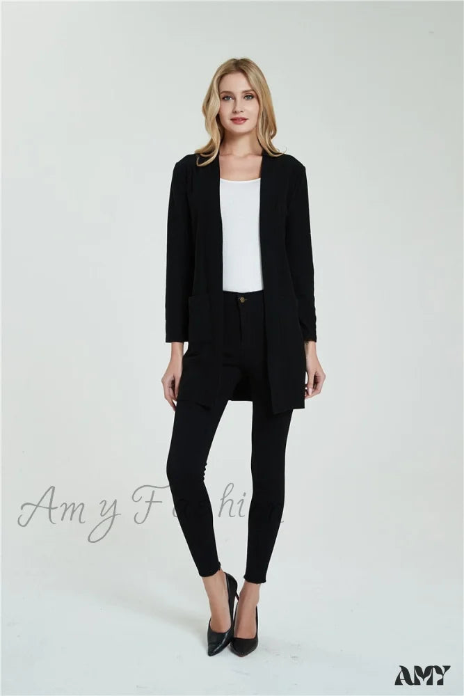 Amy Fashion - Women Long Sleeve Elegant Pocket Knitted Outerwear Sweater Black / S