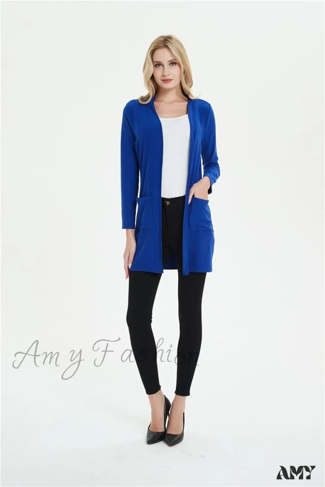 Amy Fashion - Women Long Sleeve Elegant Pocket Knitted Outerwear Sweater Blue / S