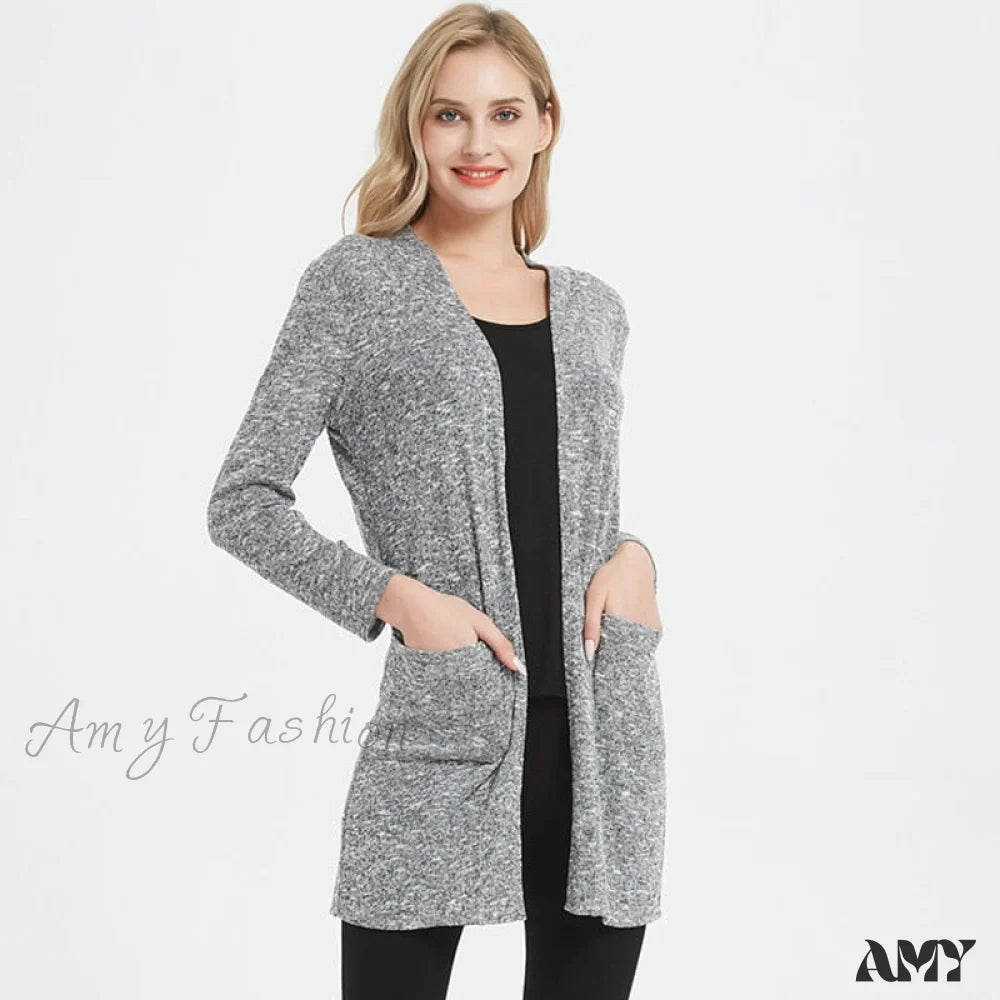 Amy Fashion - Women Long Sleeve Elegant Pocket Knitted Outerwear Sweater Gray / S