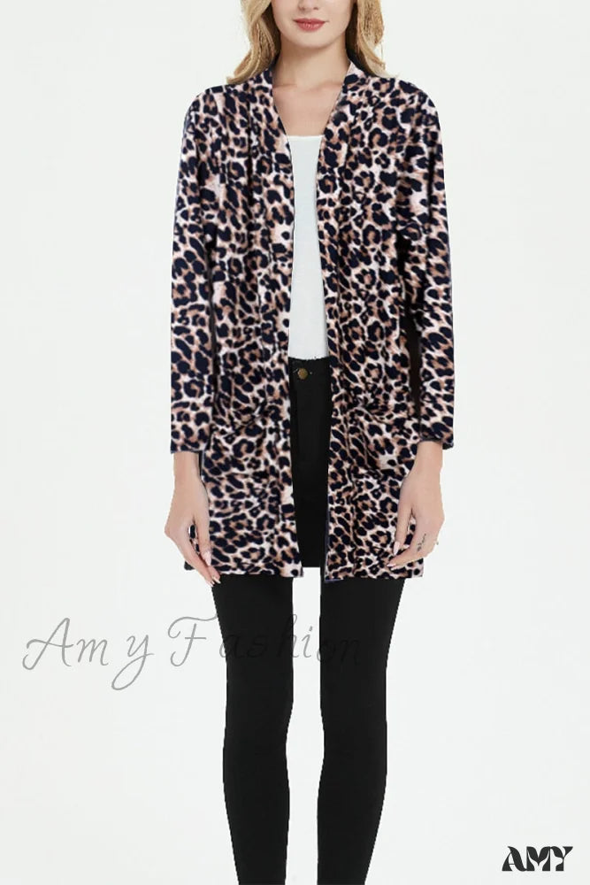 Amy Fashion - Women Long Sleeve Elegant Pocket Knitted Outerwear Sweater Leopard / S