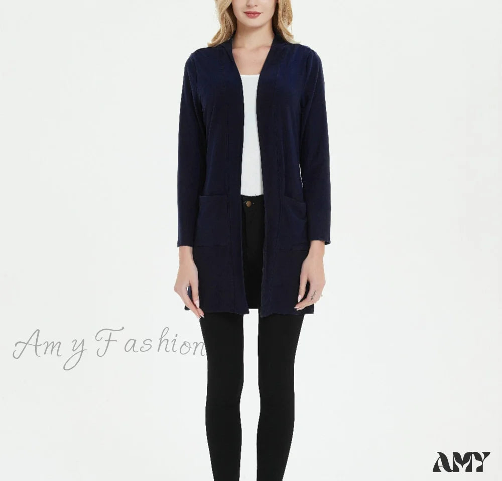 Amy Fashion - Women Long Sleeve Elegant Pocket Knitted Outerwear Sweater Navy Blue / S