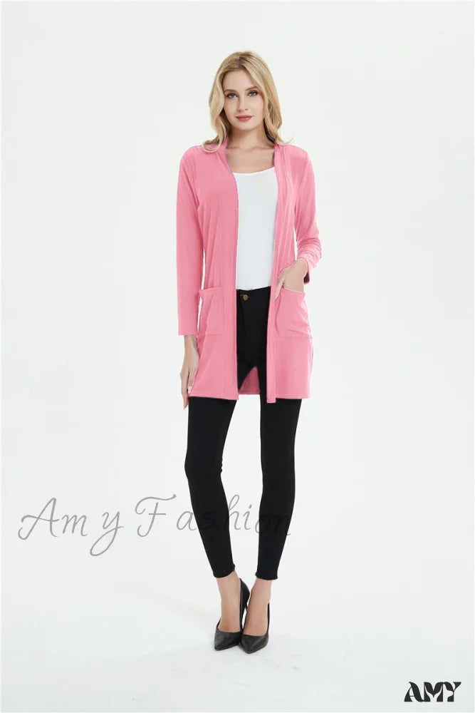 Amy Fashion - Women Long Sleeve Elegant Pocket Knitted Outerwear Sweater Pink / S