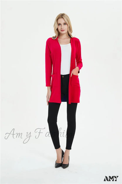 Amy Fashion - Women Long Sleeve Elegant Pocket Knitted Outerwear Sweater Red / S