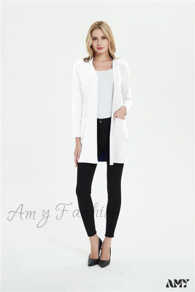 Amy Fashion - Women Long Sleeve Elegant Pocket Knitted Outerwear Sweater White / S