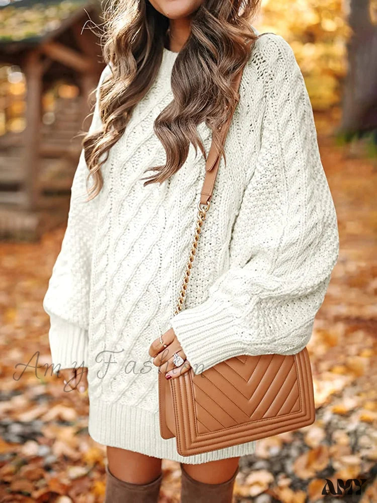 Amy Fashion - Women Long Sleeve Oversized Cable Knit Sweater Dress