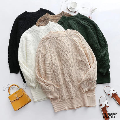 Amy Fashion - Women Long Sleeve Oversized Cable Knit Sweater Dress